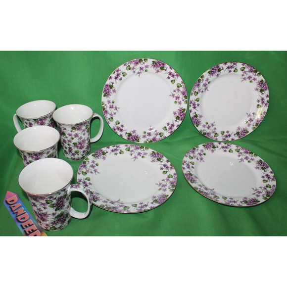 8 Piece Violets Purple Floral Grace's Teaware 4 Mugs 4 Plates Tea Coffee Serving - Picture 10 of 13